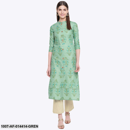 Floral Print Cotton Straight Kurta Pant Set (Green,Beige)