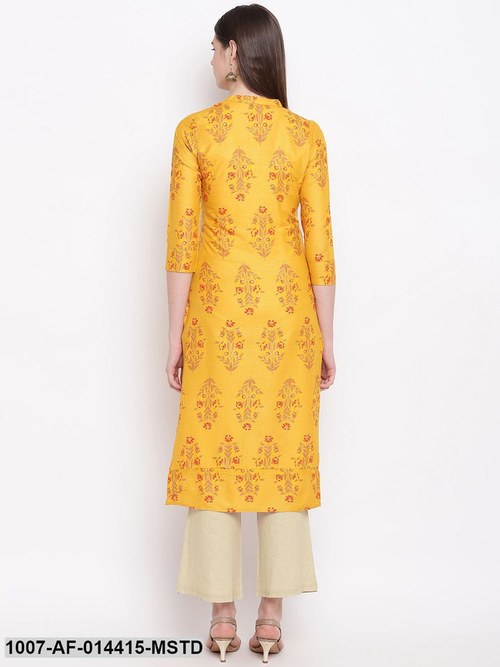 Floral Print Cotton Straight Kurta Pant Set (Mustard,Beige)