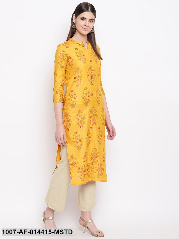 Floral Print Cotton Straight Kurta Pant Set (Mustard,Beige)