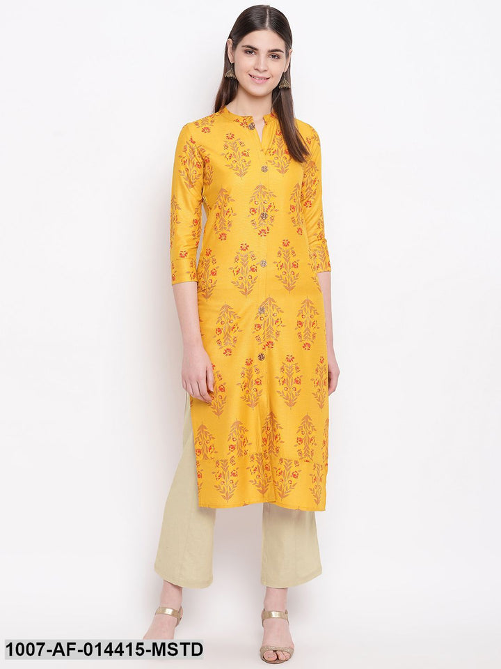 Floral Print Cotton Straight Kurta Pant Set (Mustard,Beige)
