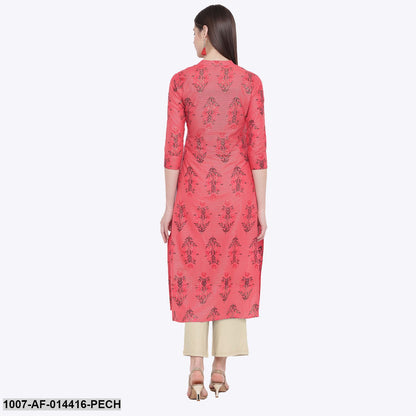Floral Print Cotton Straight Kurta Pant Set (Peach,Beige)