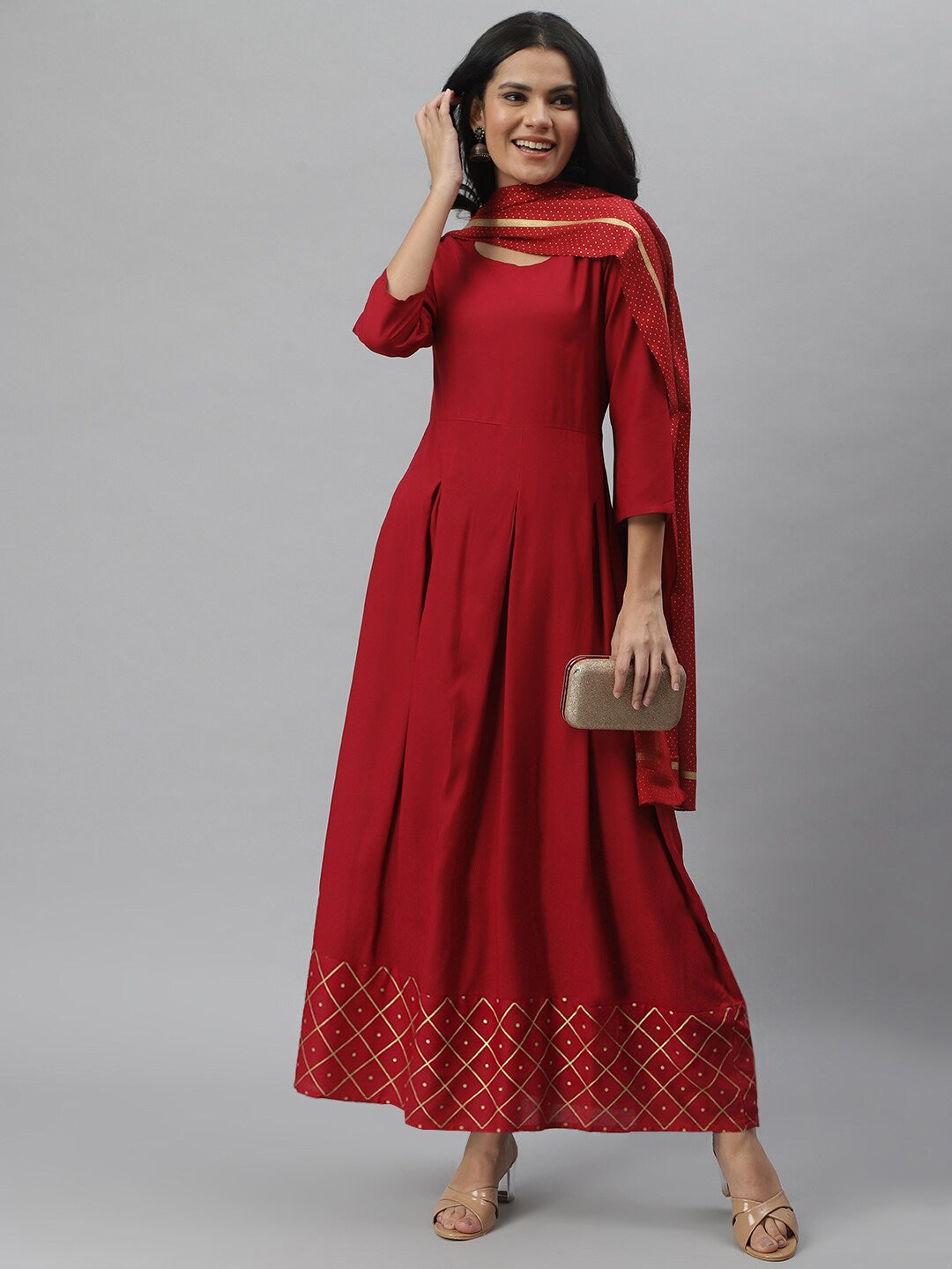 Gold Print Rayon Flared Kurta Dupatta Set (Maroon)