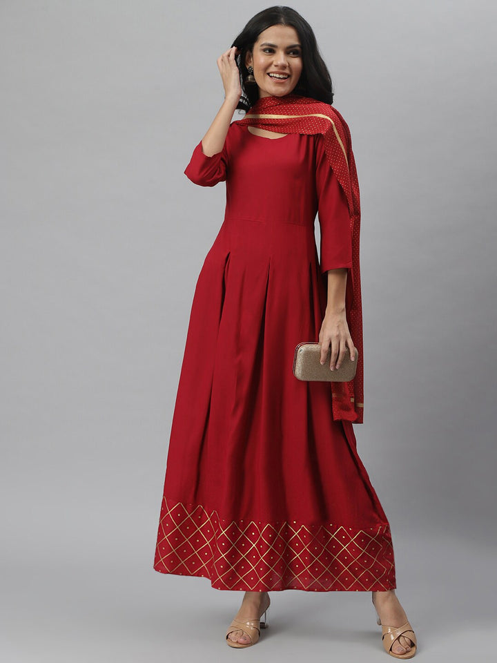 Gold Print Rayon Flared Kurta Dupatta Set (Maroon)