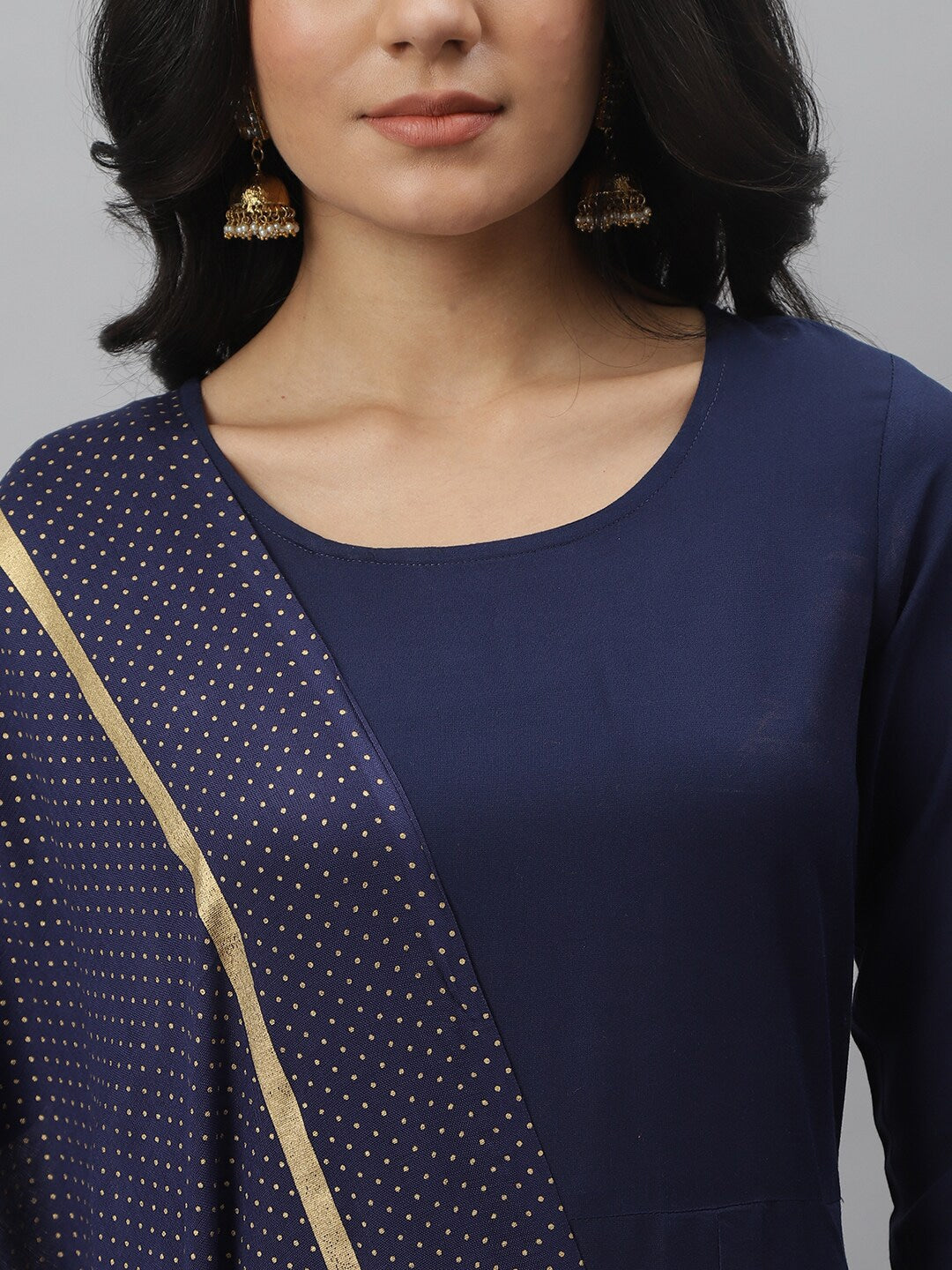 Gold Print Rayon Flared Kurta Dupatta Set (Navy Blue)