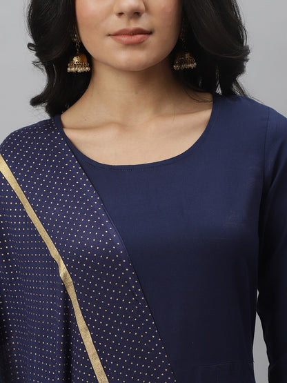 Gold Print Rayon Flared Kurta Dupatta Set (Navy Blue)