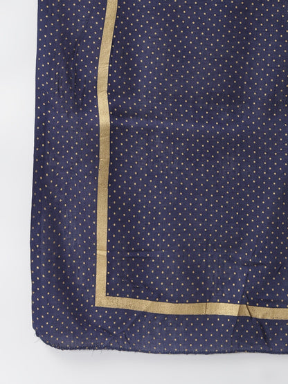 Gold Print Rayon Flared Kurta Dupatta Set (Navy Blue)