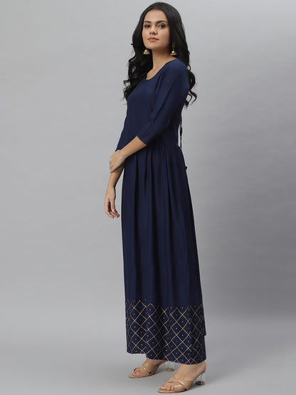 Gold Print Rayon Flared Kurta Dupatta Set (Navy Blue)