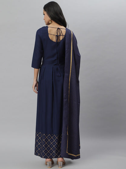 Gold Print Rayon Flared Kurta Dupatta Set (Navy Blue)