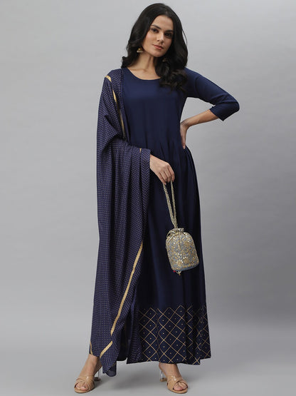 Gold Print Rayon Flared Kurta Dupatta Set (Navy Blue)