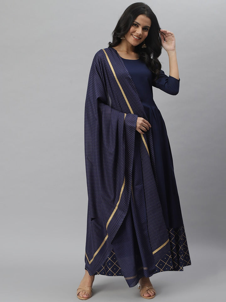 Gold Print Rayon Flared Kurta Dupatta Set (Navy Blue)