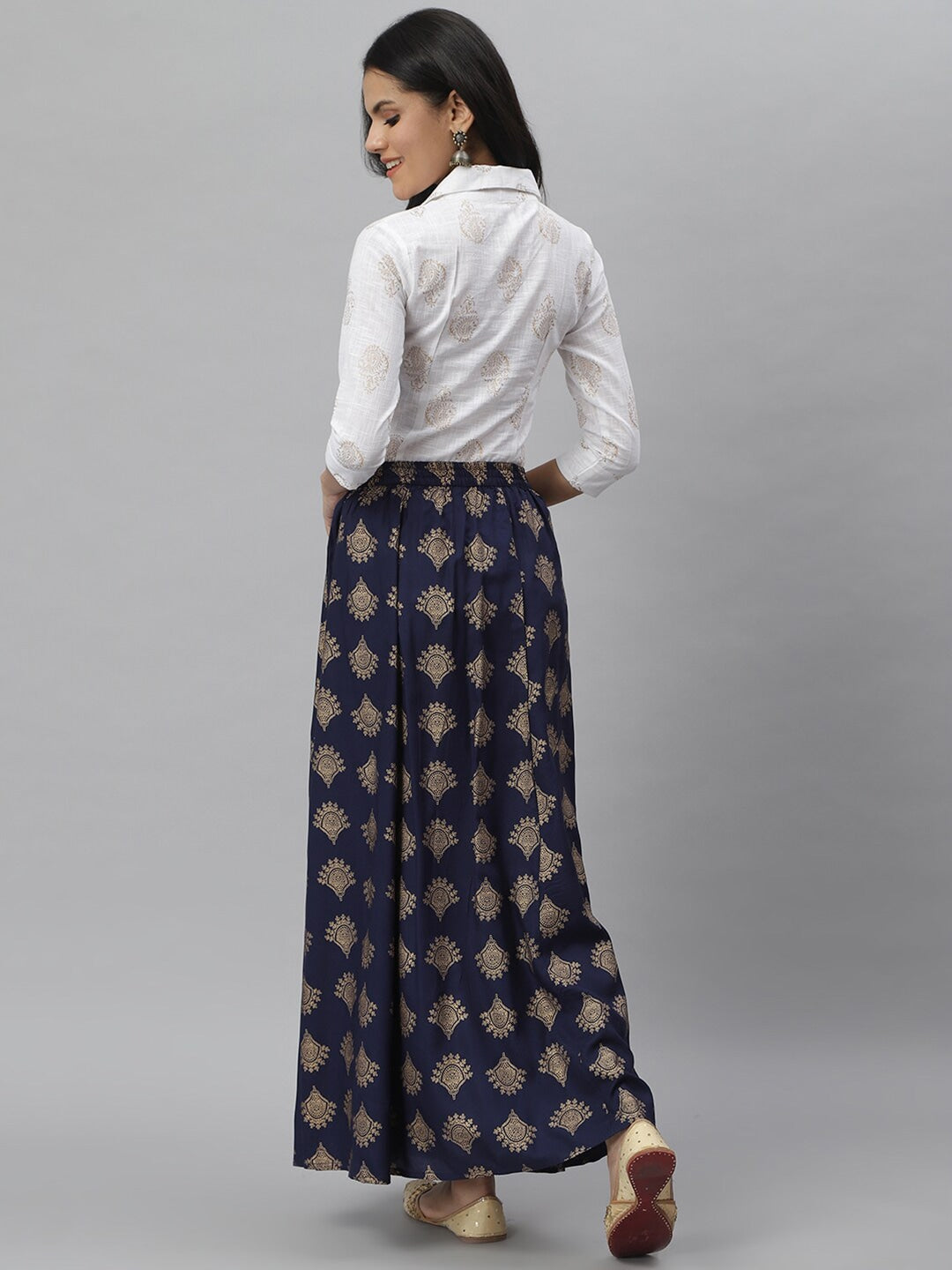 Gold Printed Rayon Shirt & Skirt Set (Off White,Blue)