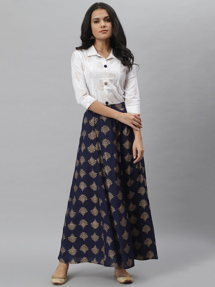 Gold Printed Rayon Shirt &amp; Skirt Set (Off White,Blue)