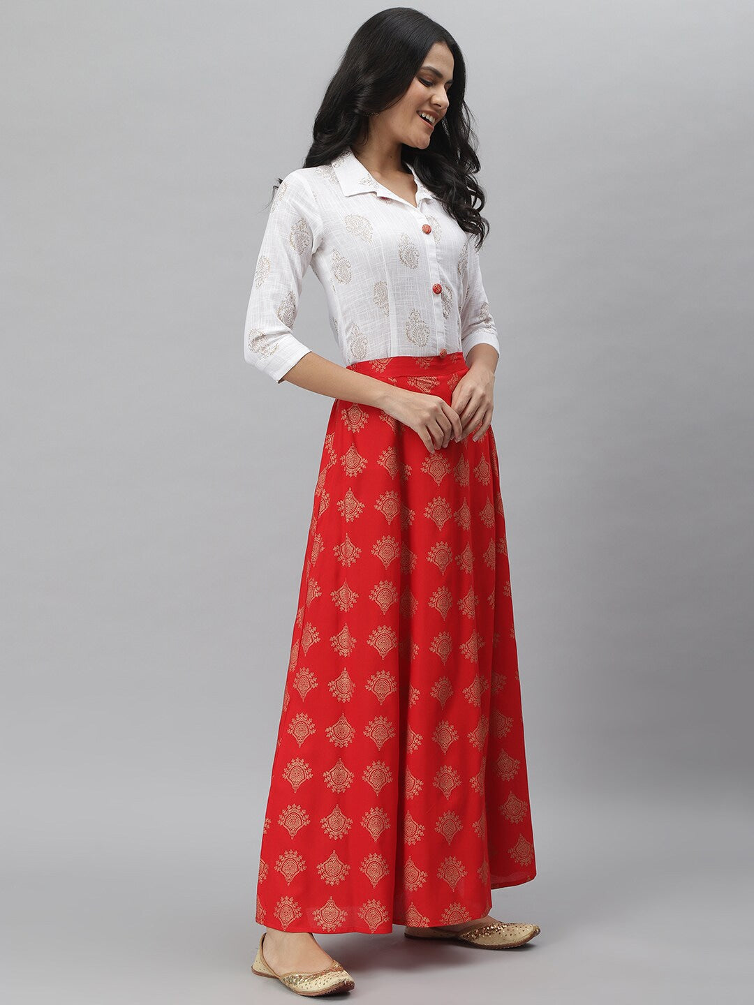 Gold Printed Rayon Shirt &amp; Skirt Set (Off White,Red)