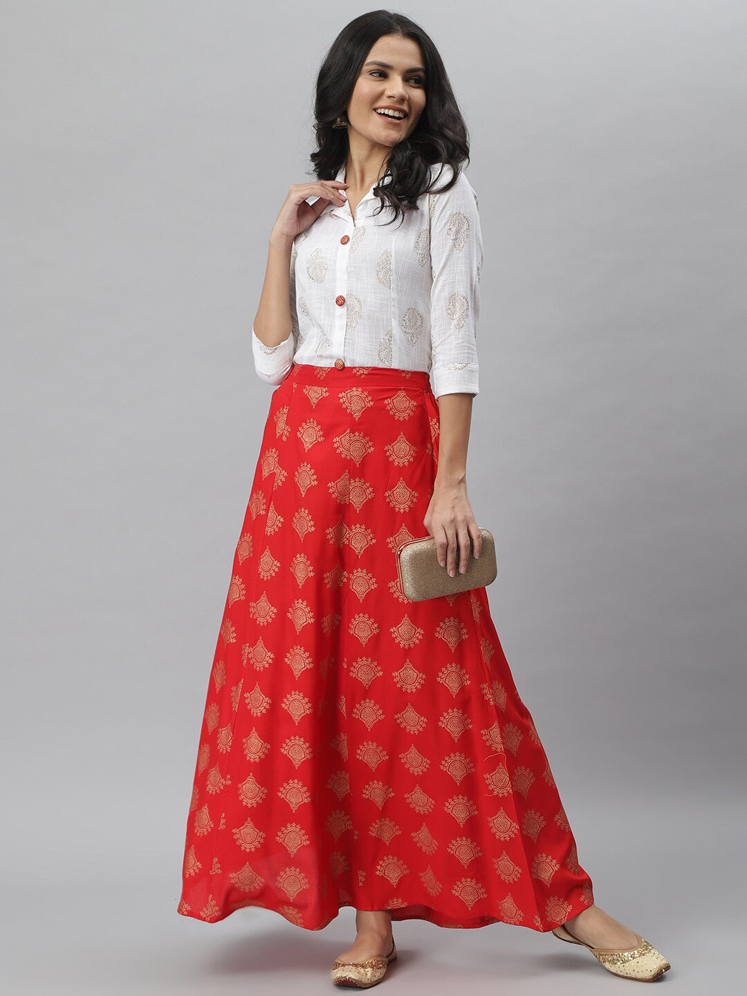 Gold Printed Rayon Shirt & Skirt Set (Off White,Red)