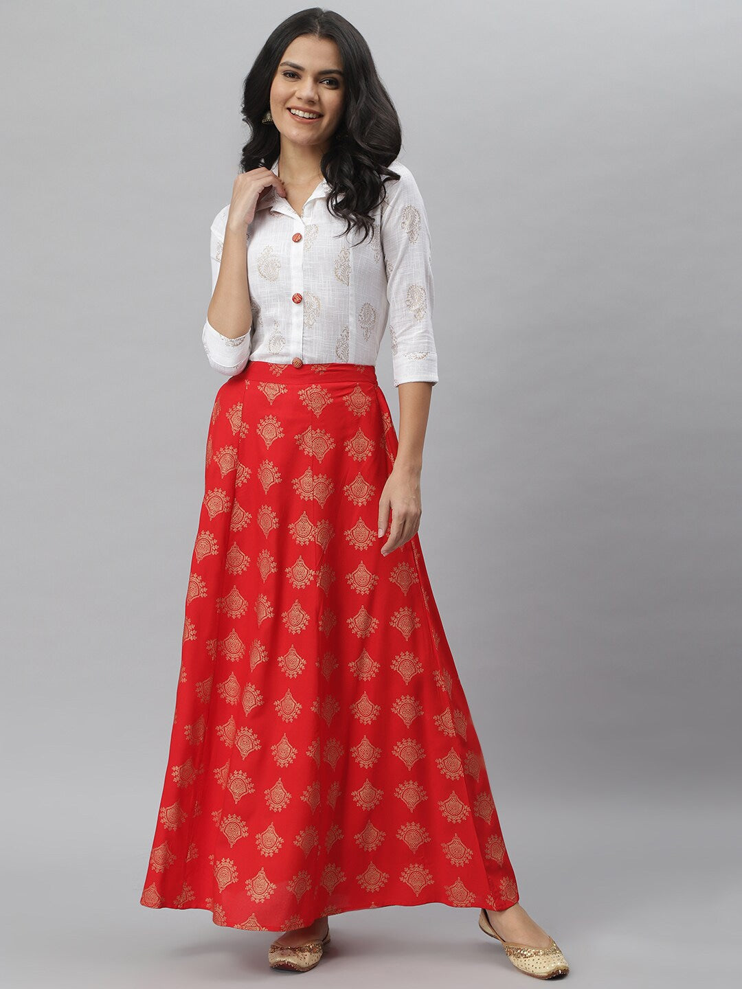 Gold Printed Rayon Shirt & Skirt Set (Off White,Red)