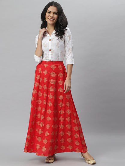 Gold Printed Rayon Shirt & Skirt Set (Off White,Red)