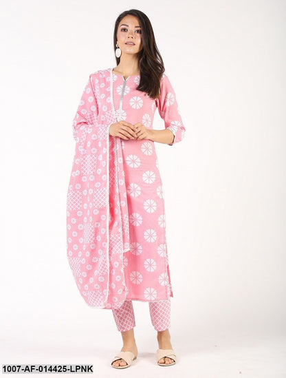 Checks Print Cotton Straight Kurta Pant and Dupatta Set (Pink)