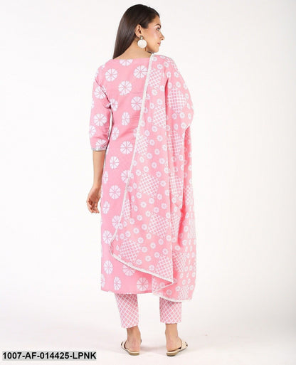 Checks Print Cotton Straight Kurta Pant and Dupatta Set (Pink)