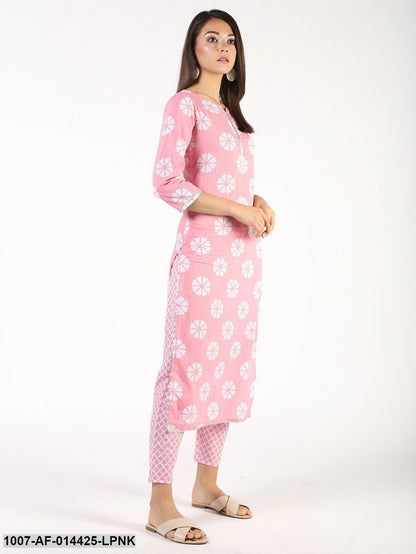 Checks Print Cotton Straight Kurta Pant and Dupatta Set (Pink)