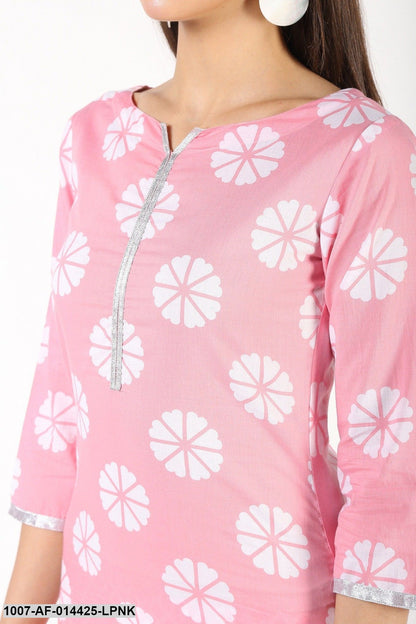 Checks Print Cotton Straight Kurta Pant and Dupatta Set (Pink)