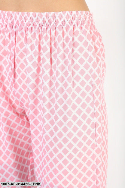 Checks Print Cotton Straight Kurta Pant and Dupatta Set (Pink)