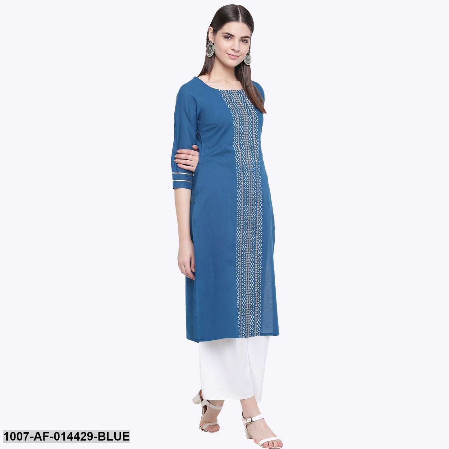 Gold Print Cotton Straight Kurta Palazzo Set (Blue,White)