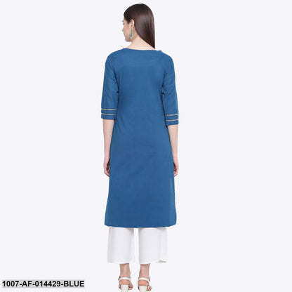 Gold Print Cotton Straight Kurta Palazzo Set (Blue,White)