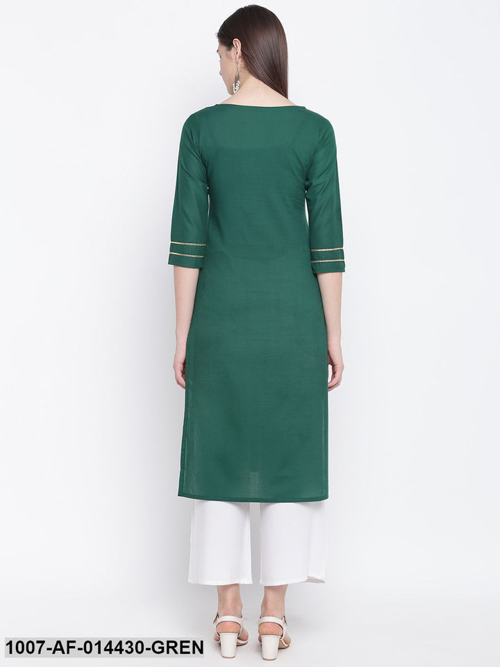 Gold Print Cotton Straight Kurta Palazzo Set (Dark Green,White)