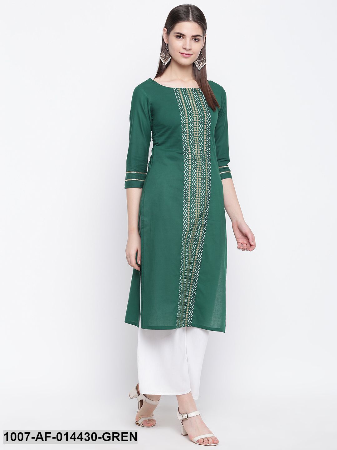 Gold Print Cotton Straight Kurta Palazzo Set (Dark Green,White)
