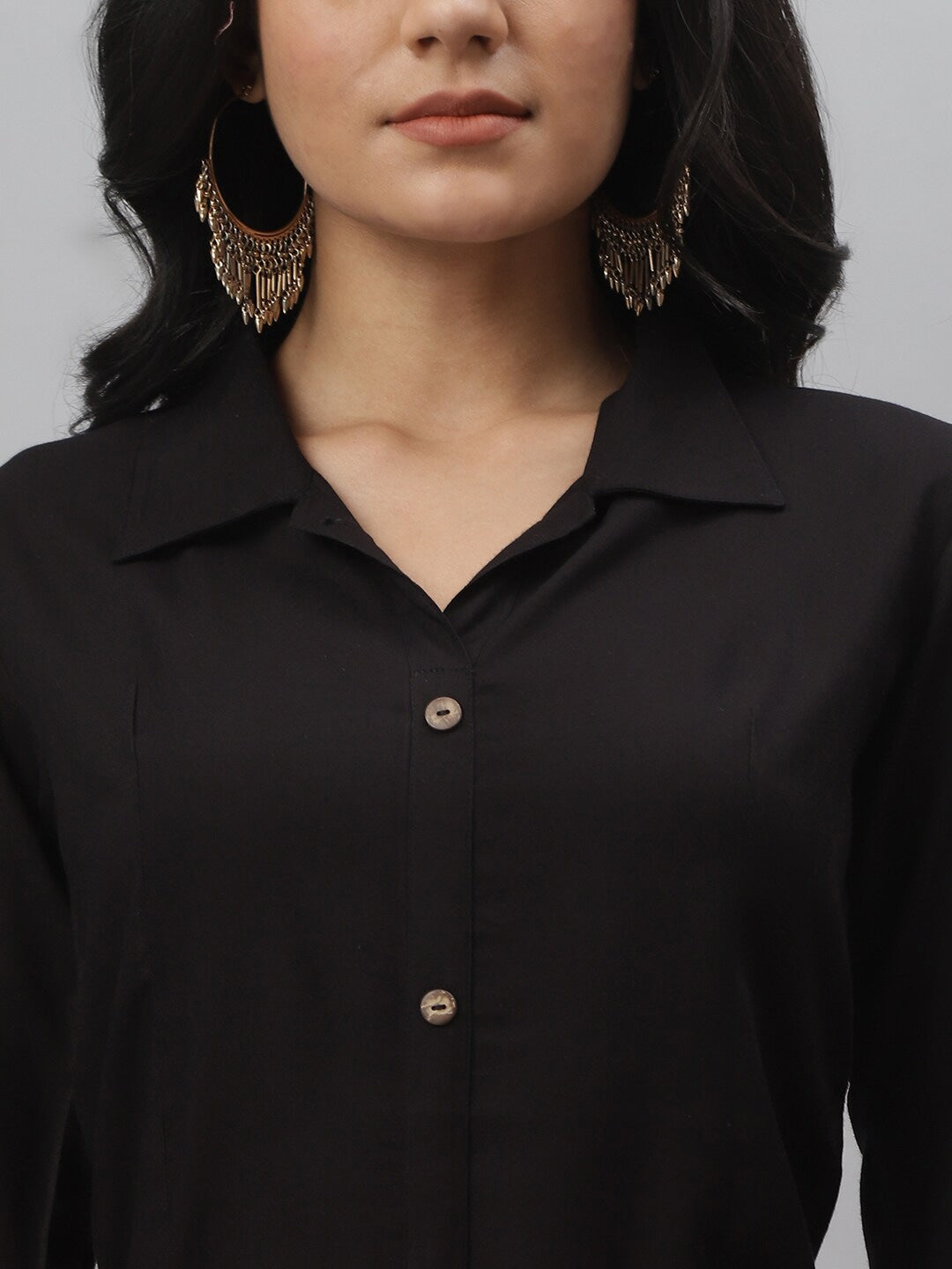 Gold Print Rayon Shirt & Skirt Set (Black,Pink)