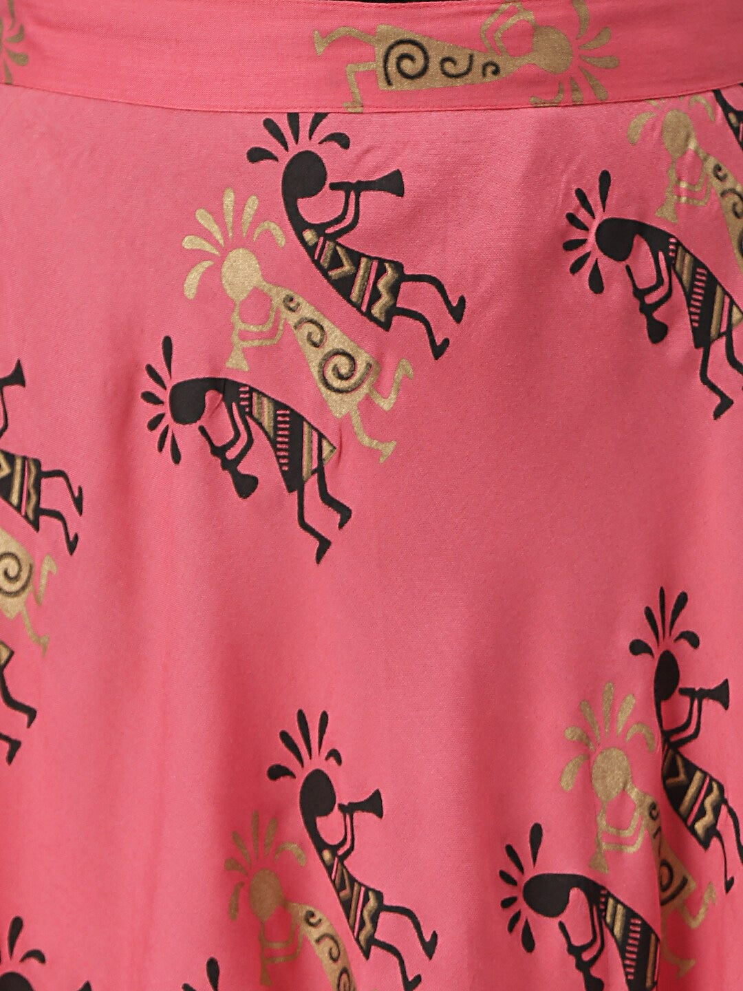 Gold Print Rayon Shirt & Skirt Set (Black,Pink)
