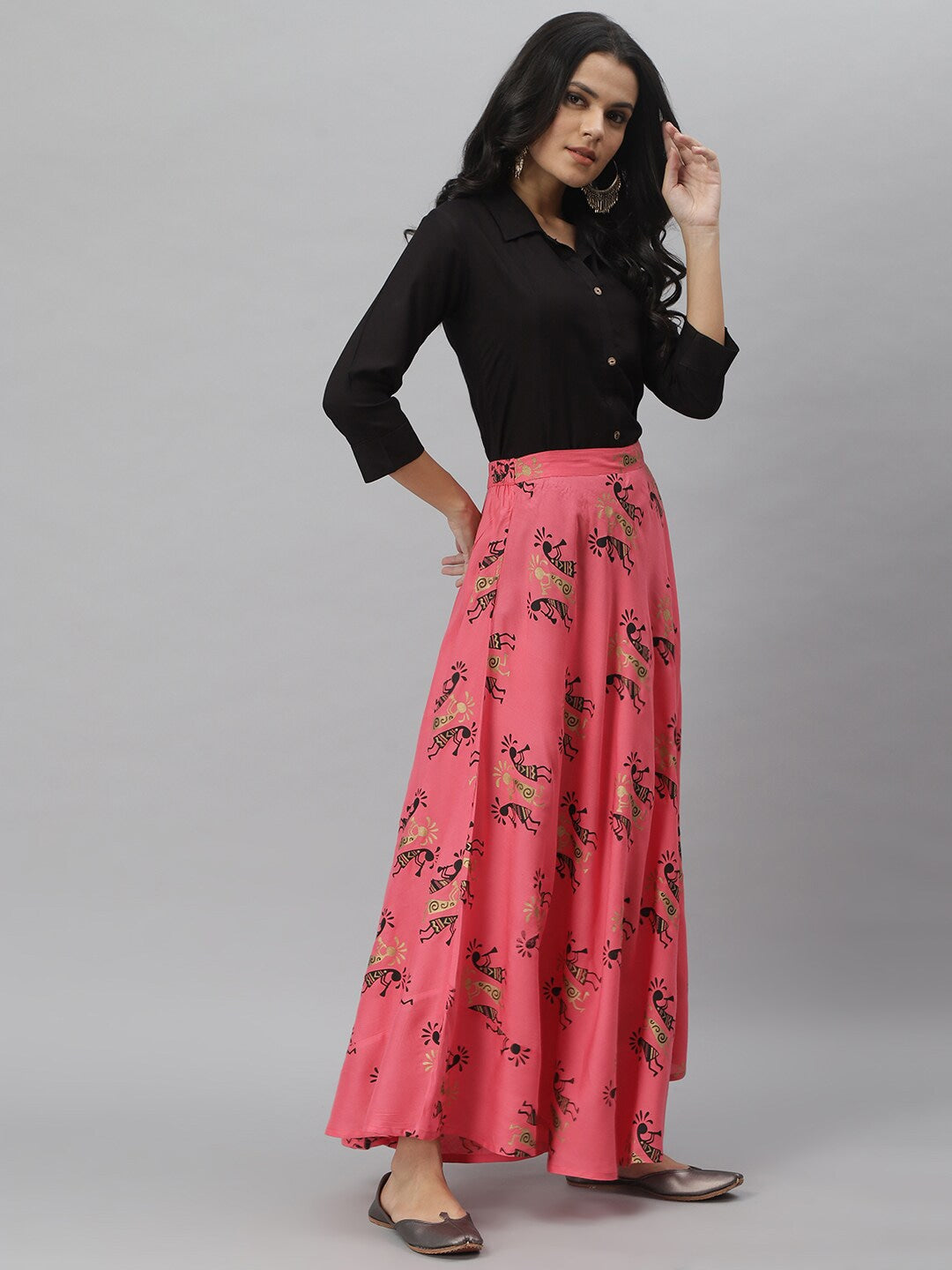 Gold Print Rayon Shirt & Skirt Set (Black,Pink)