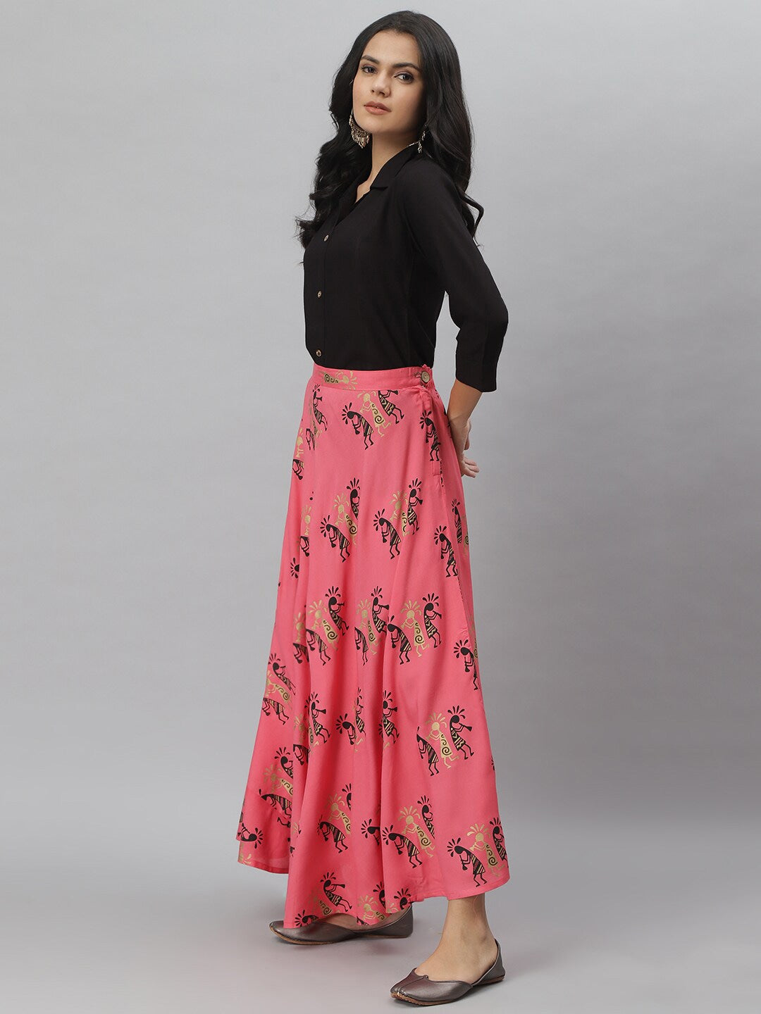 Gold Print Rayon Shirt & Skirt Set (Black,Pink)