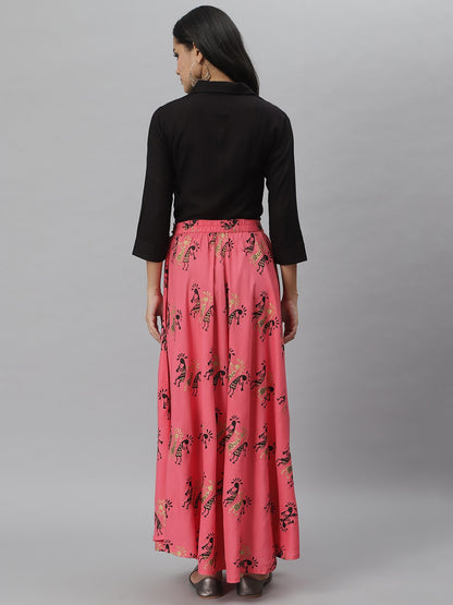 Gold Print Rayon Shirt & Skirt Set (Black,Pink)