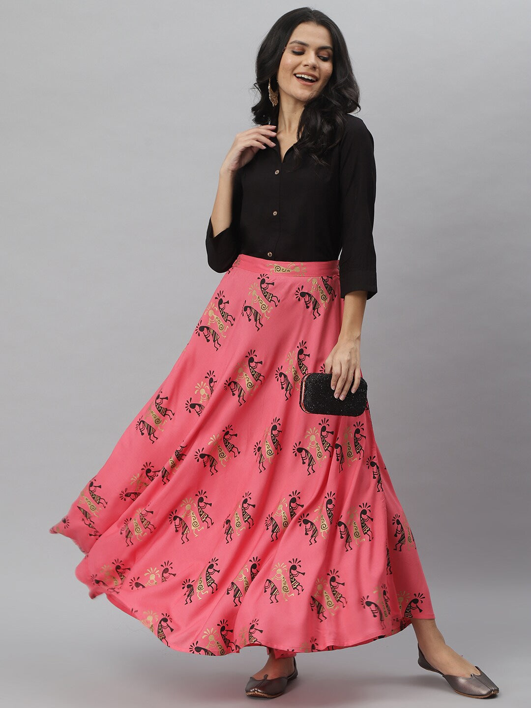 Gold Print Rayon Shirt & Skirt Set (Black,Pink)