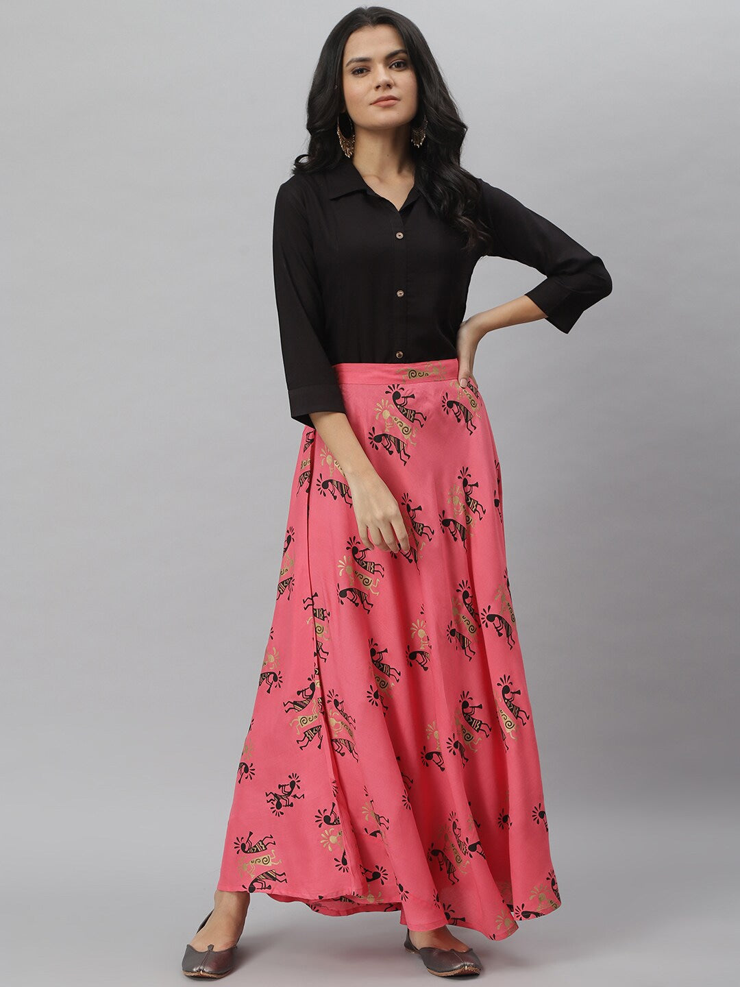 Gold Print Rayon Shirt &amp; Skirt Set (Black,Pink)