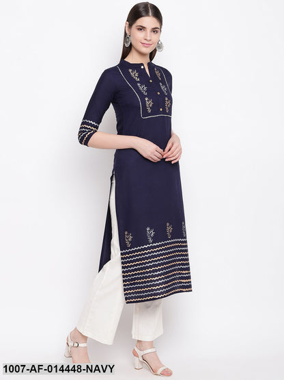 Hand Block Print Cotton Straight Kurta Pant Set (Navy Blue,White)