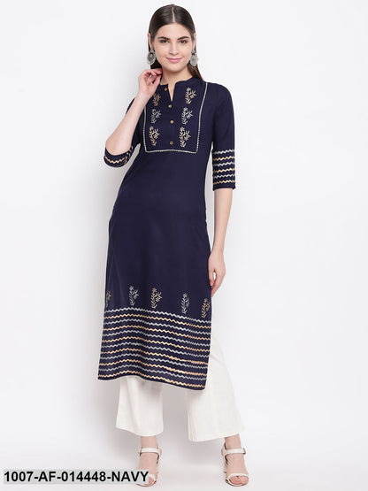 Hand Block Print Cotton Straight Kurta Pant Set (Navy Blue,White)