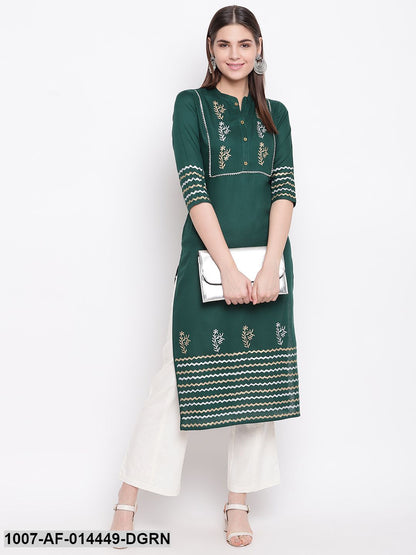 Hand Block Print Cotton Straight Kurta Pant Set (Dark Green,White)