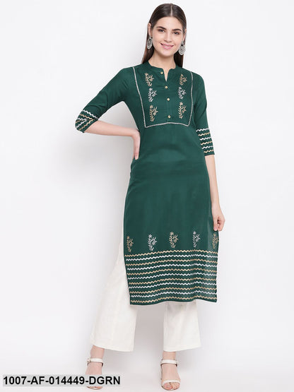 Hand Block Print Cotton Straight Kurta Pant Set (Dark Green,White)