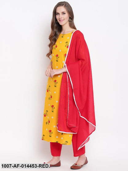 Floral Print Rayon Straight Kurta Pant & Dupatta Set (Yellow,Red)