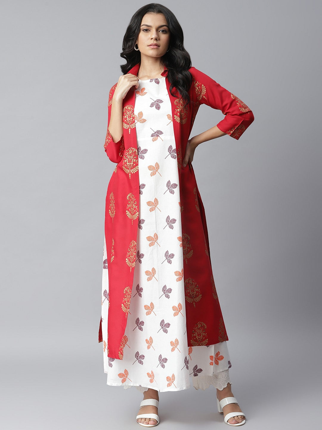 Printed Kurta with Jacket (Red,White)