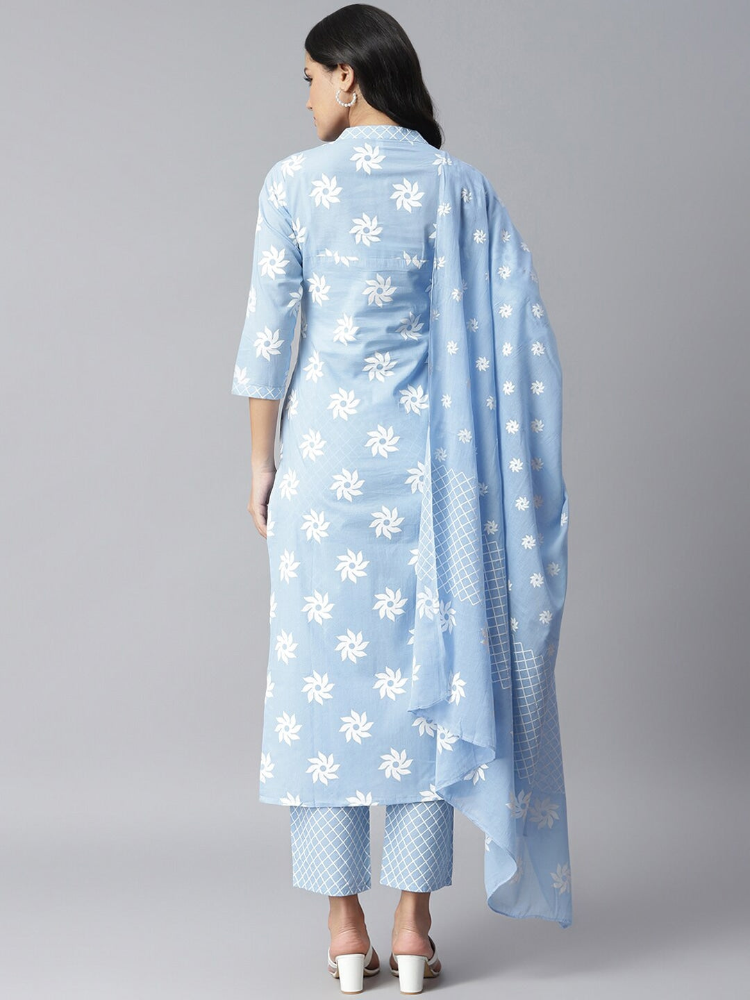 Floral Print Cotton Straight kurta Pant and Dupatta Set (Light Blue)