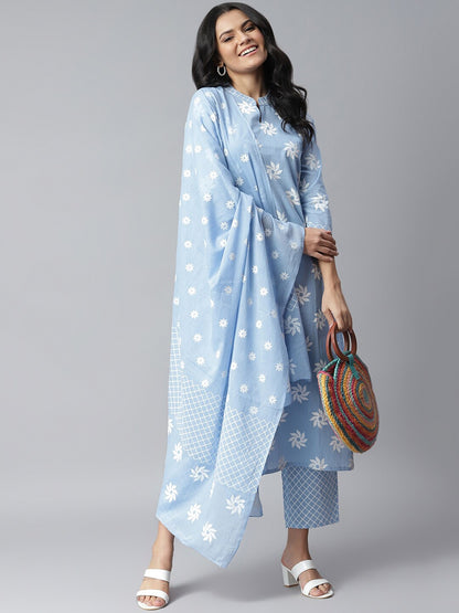 Floral Print Cotton Straight kurta Pant and Dupatta Set (Light Blue)