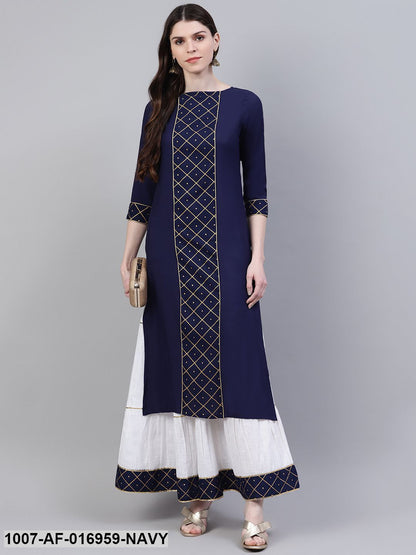 Printed Rayon Straight Kurta Skirt Set (Dark Blue)