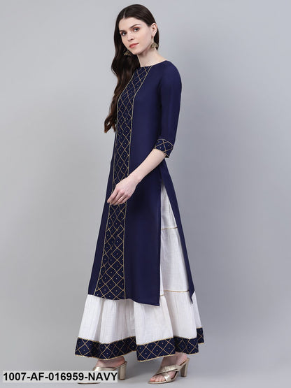 Printed Rayon Straight Kurta Skirt Set (Dark Blue)