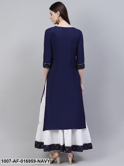 Printed Rayon Straight Kurta Skirt Set (Dark Blue)