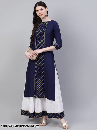 Printed Rayon Straight Kurta Skirt Set (Dark Blue)