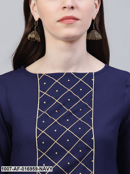 Printed Rayon Straight Kurta Skirt Set (Dark Blue)