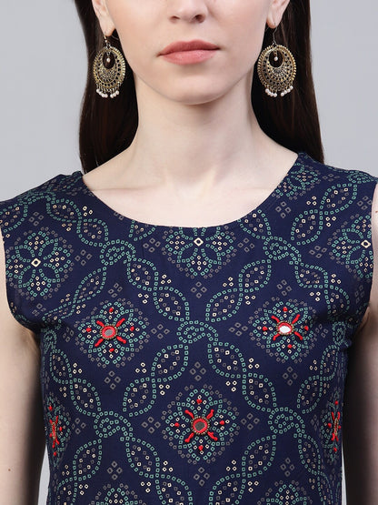 Bandhani Print Rayon Flared Kurta Dupatta Set (Dark Blue)